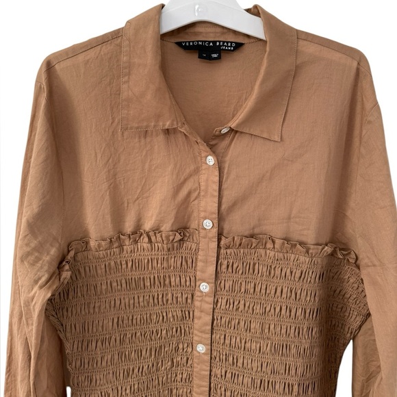 Veronica Beard Kelsey button down smocked dress Size 14, camel brown - Picture 3 of 15